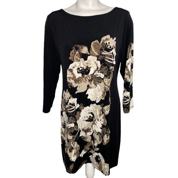 Style & Co Black Taupe Floral‎ A Line Shift Stretch Knit Tunic Mini Dress Large - Picture 1 of 7